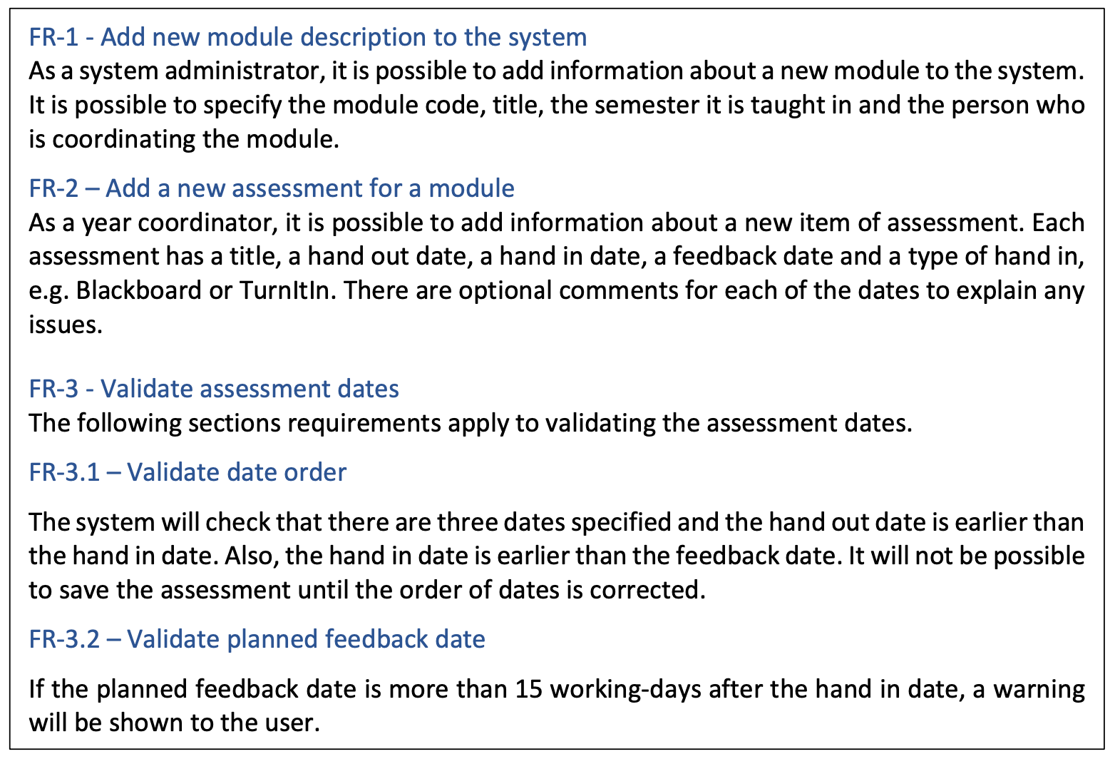 An example list of requirements structured into separate sections.