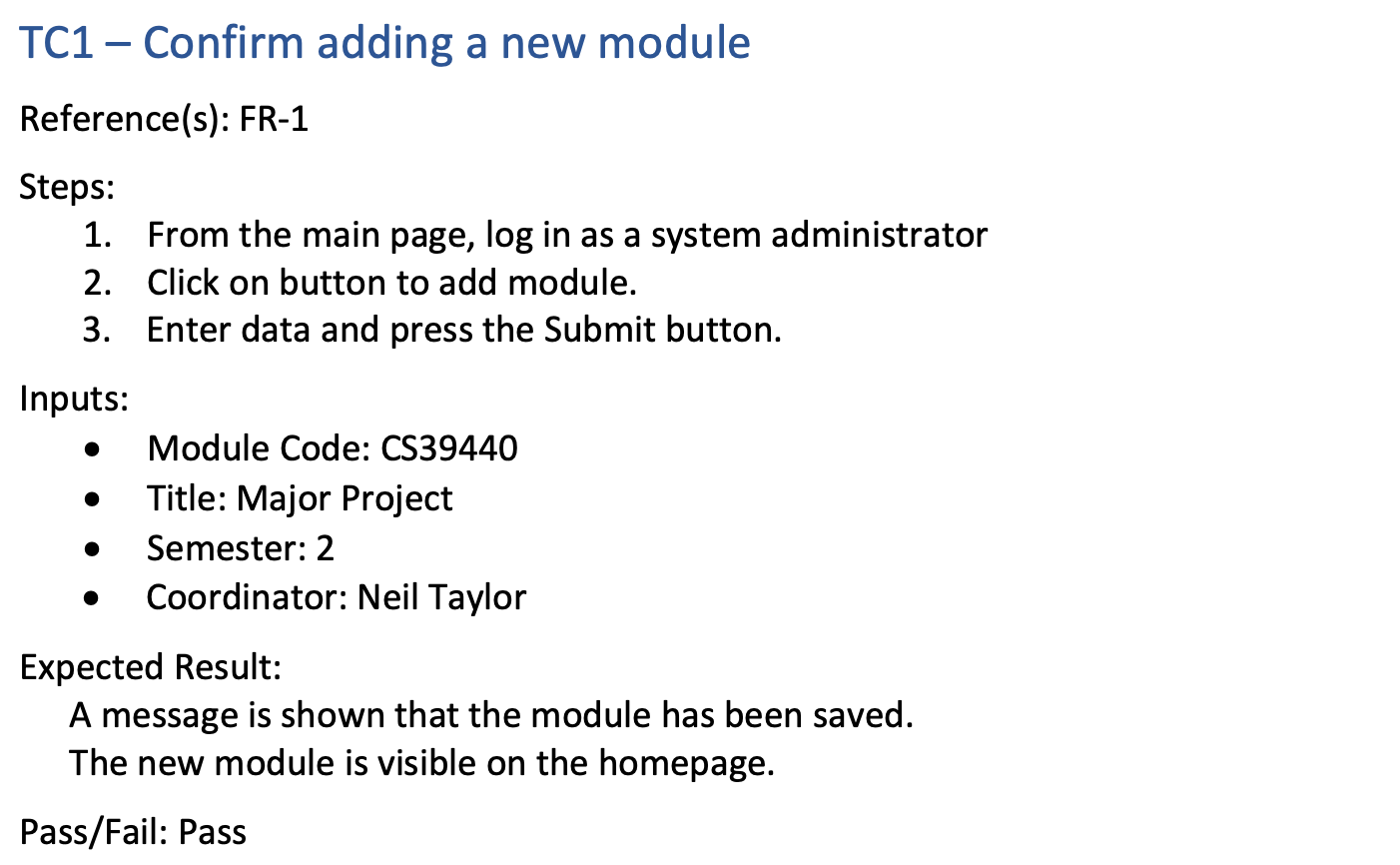 An alternative listing for a test case, showing the information set out in a section.